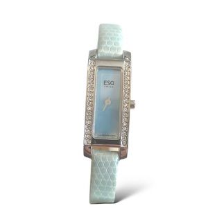 Women’s ESQ Swiss Small Tank Watch with diamond style bezel and leather band NWT